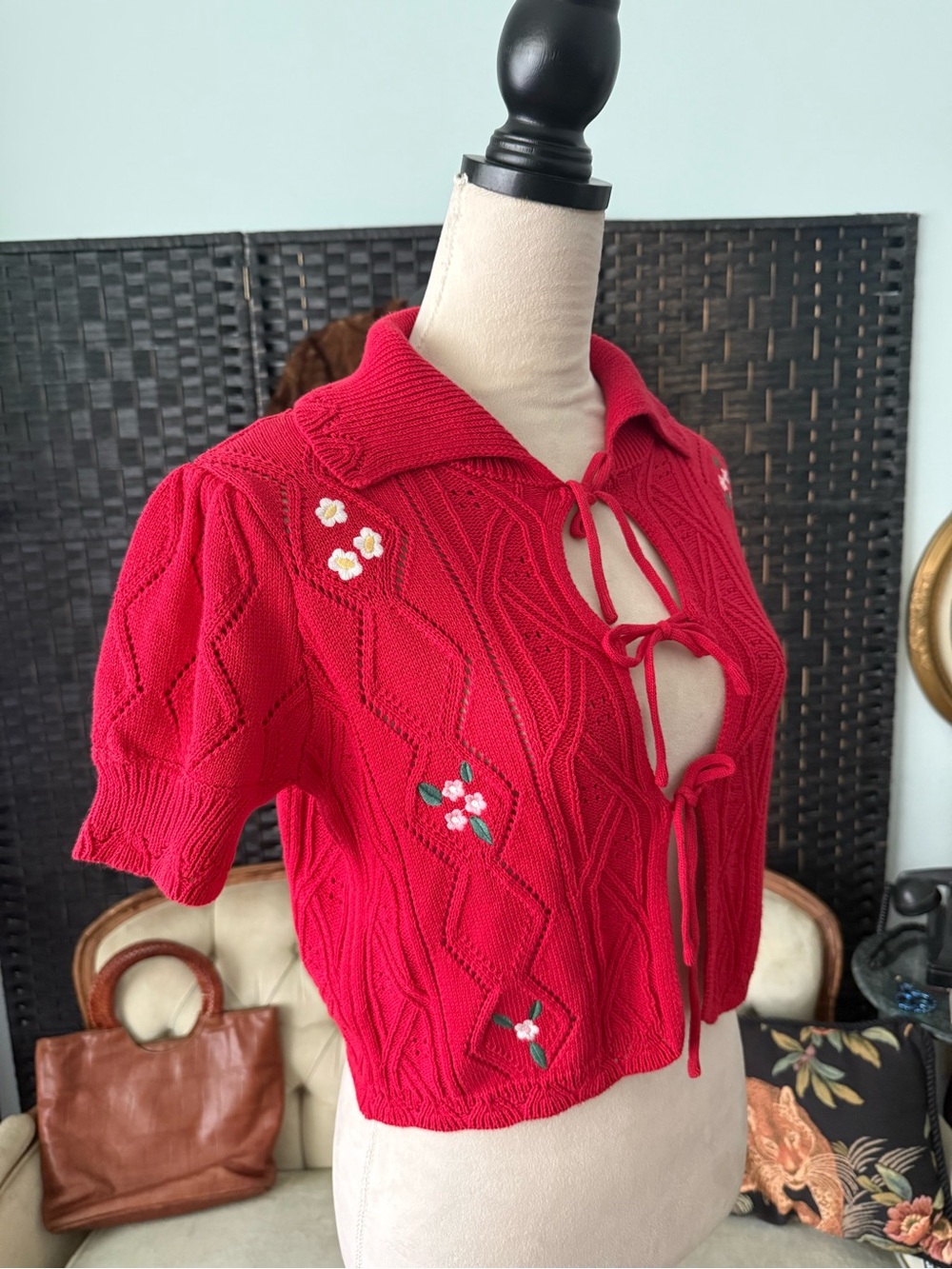 ❤️ Hazel Moon Floral Tie Front Cardigan Sweater Cottagecore Coquette Red XS - Picture 2 of 12